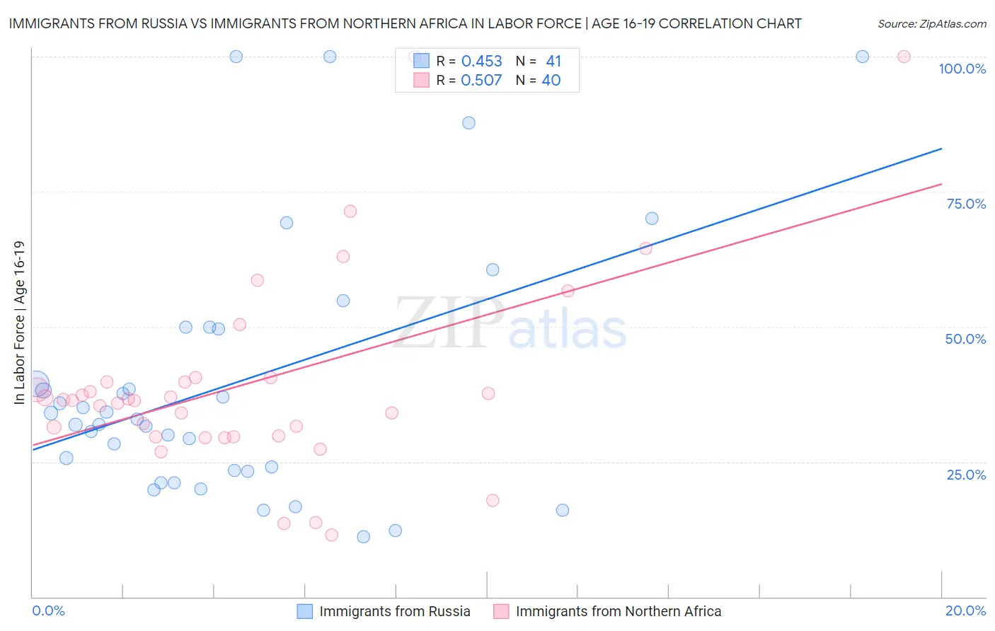 Immigrants from Russia vs Immigrants from Northern Africa In Labor Force | Age 16-19