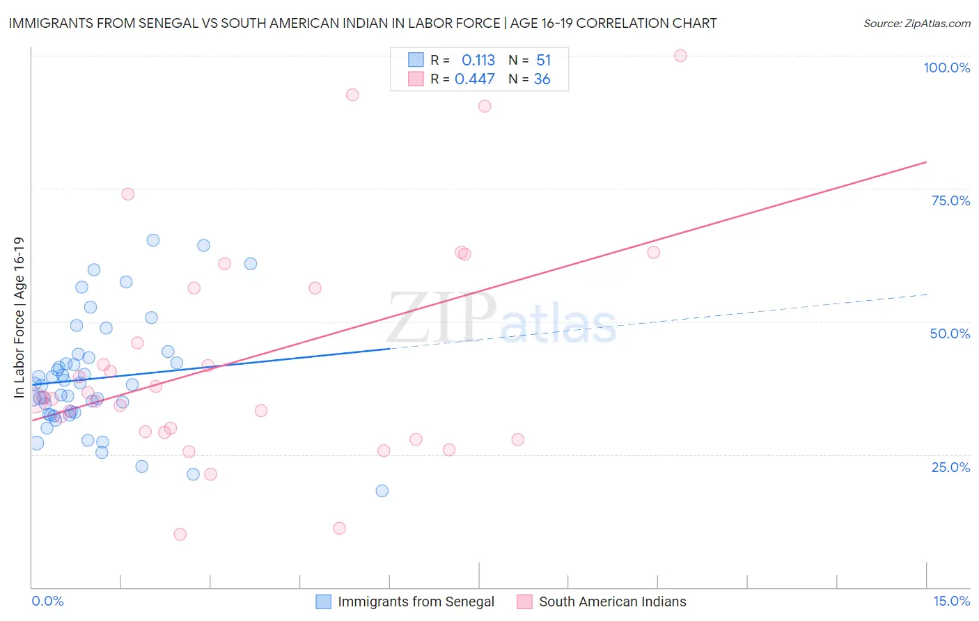 Immigrants from Senegal vs South American Indian In Labor Force | Age 16-19