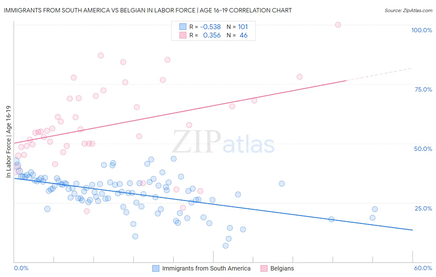 Immigrants from South America vs Belgian In Labor Force | Age 16-19