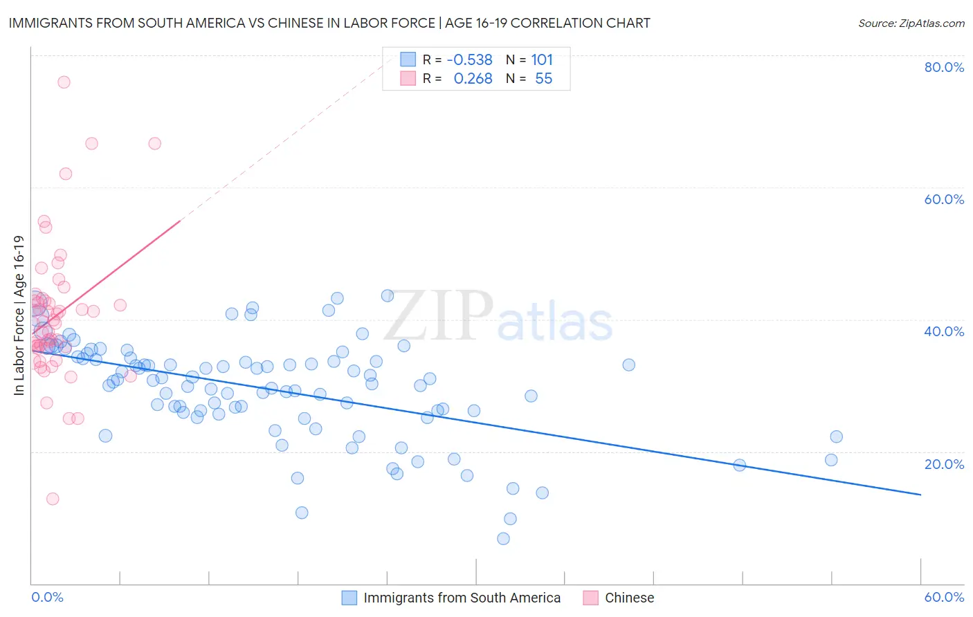 Immigrants from South America vs Chinese In Labor Force | Age 16-19