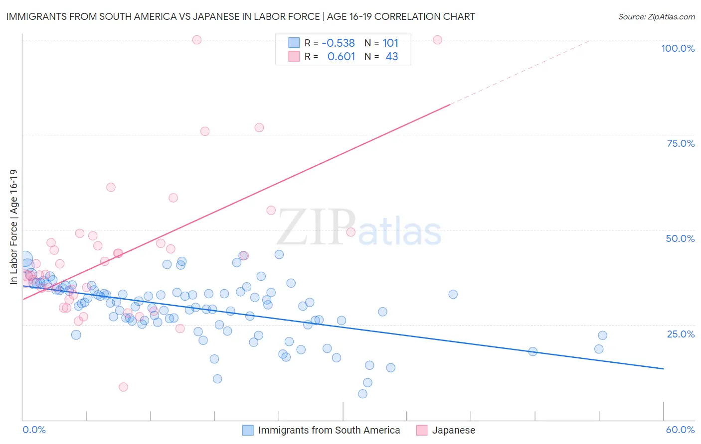 Immigrants from South America vs Japanese In Labor Force | Age 16-19