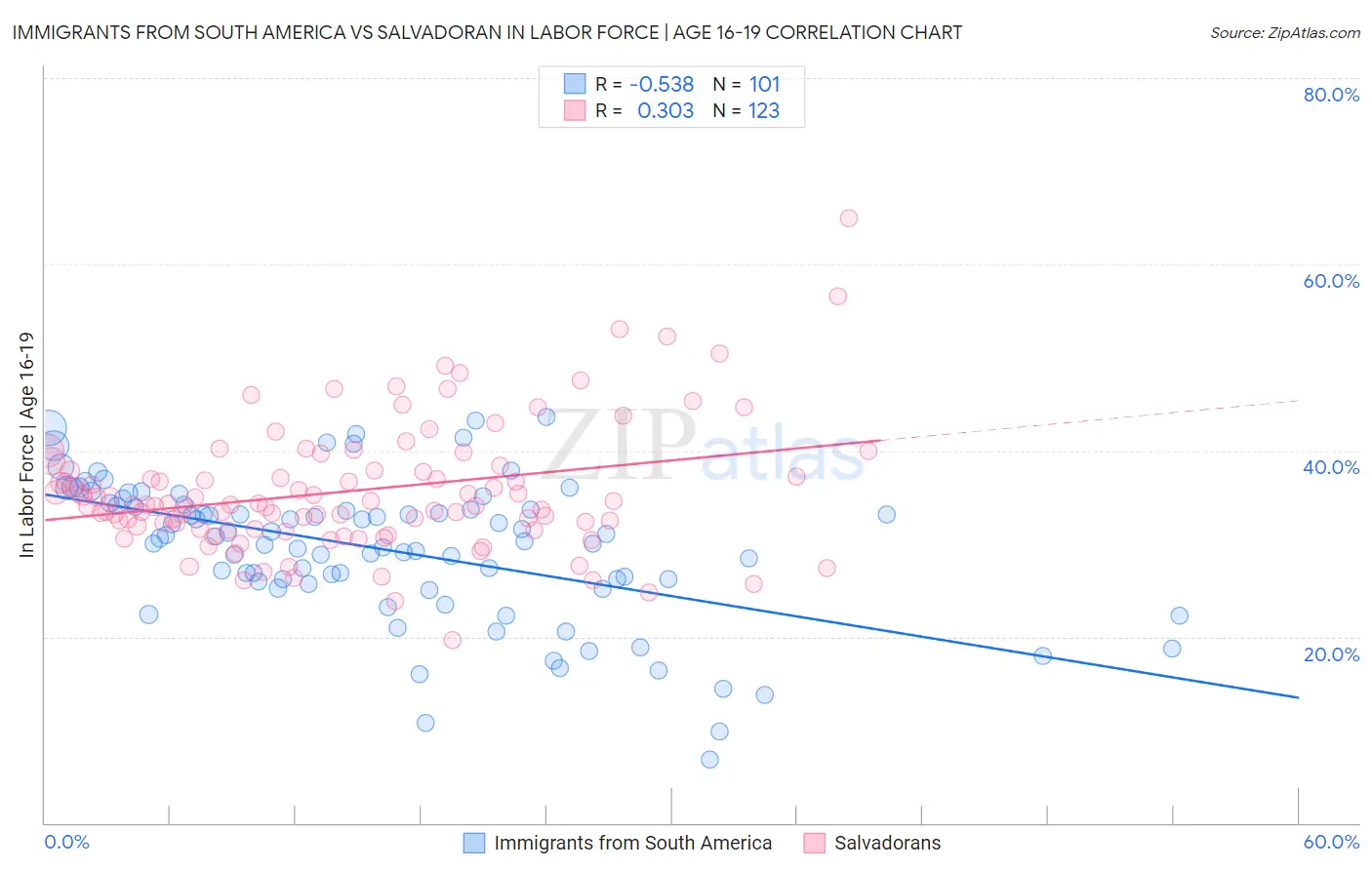 Immigrants from South America vs Salvadoran In Labor Force | Age 16-19