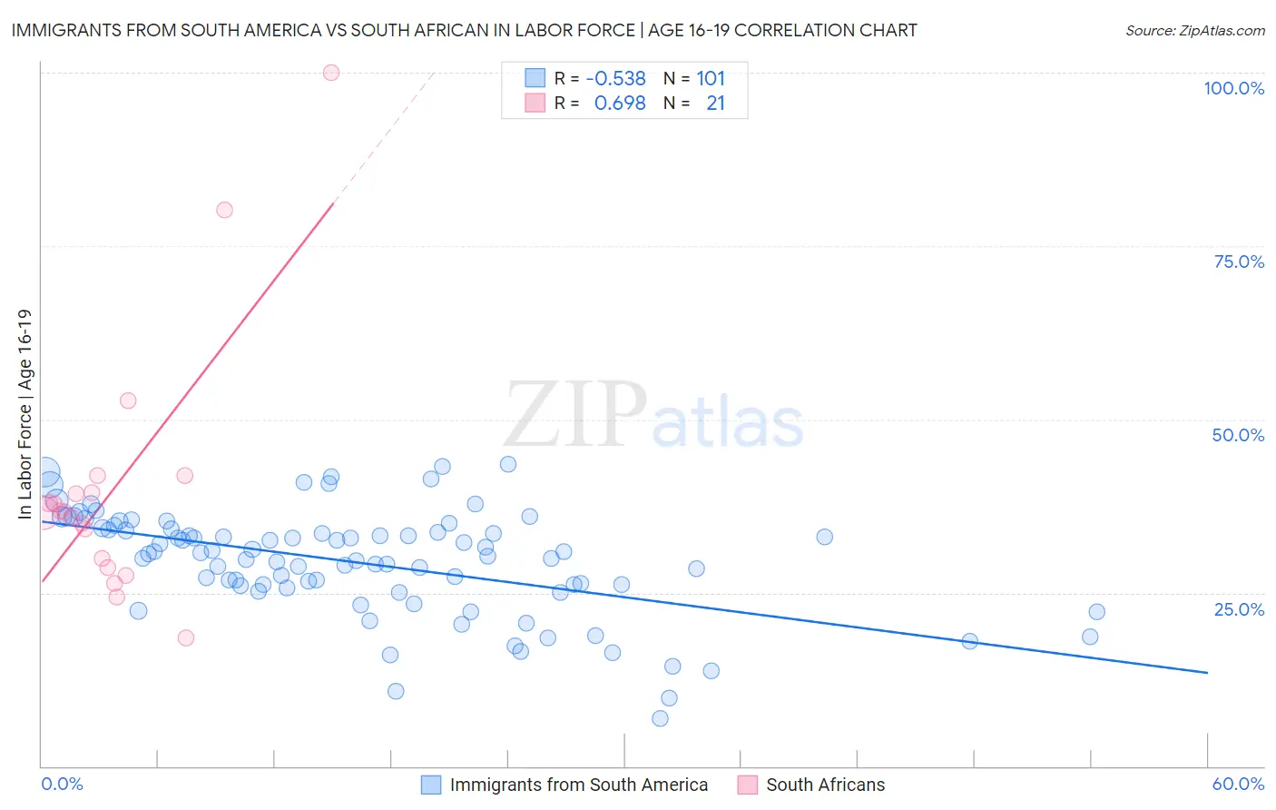 Immigrants from South America vs South African In Labor Force | Age 16-19