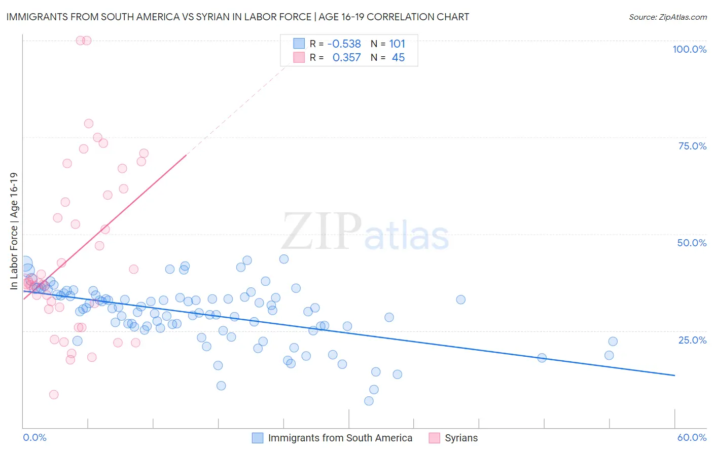 Immigrants from South America vs Syrian In Labor Force | Age 16-19