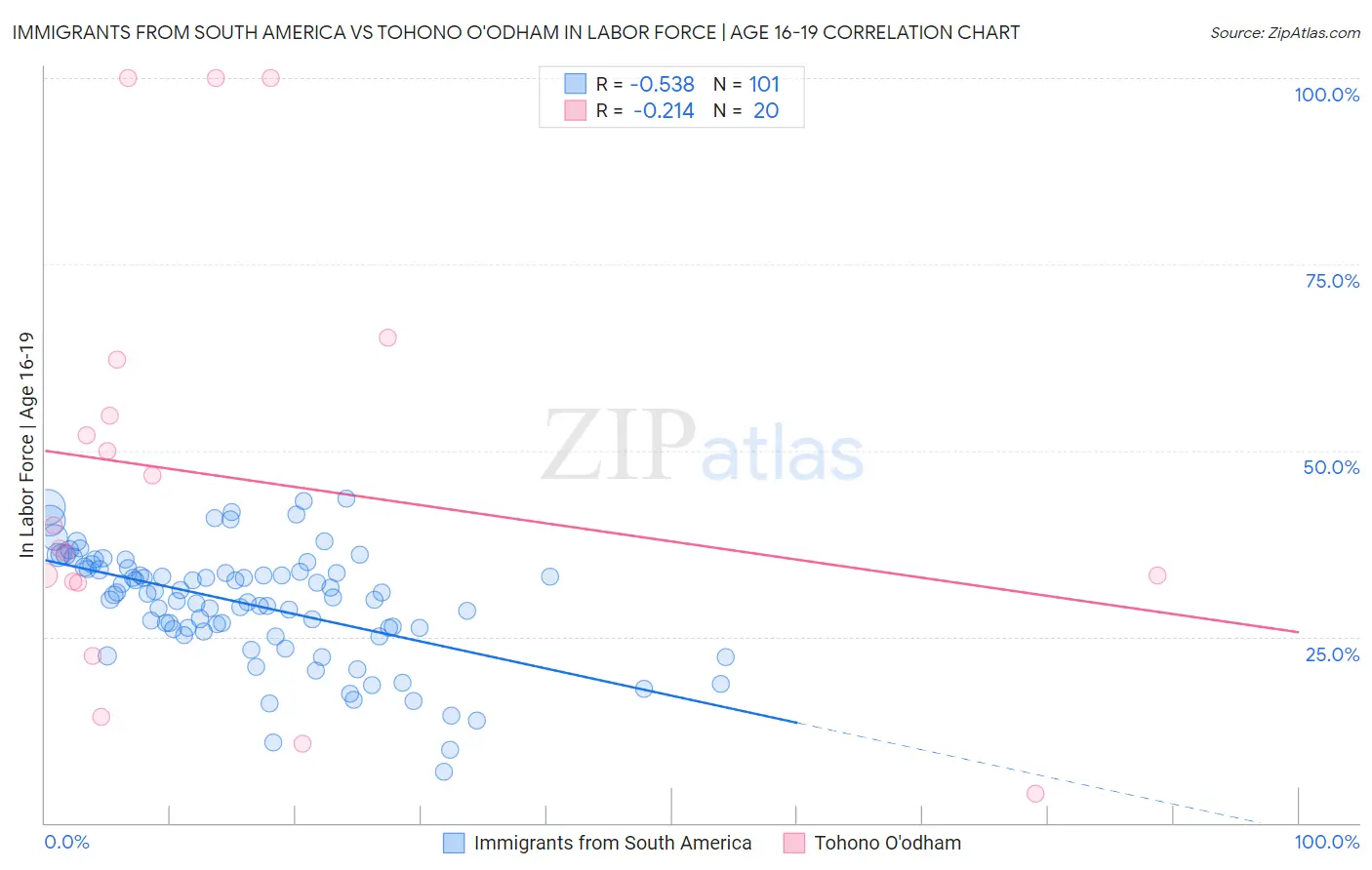 Immigrants from South America vs Tohono O'odham In Labor Force | Age 16-19