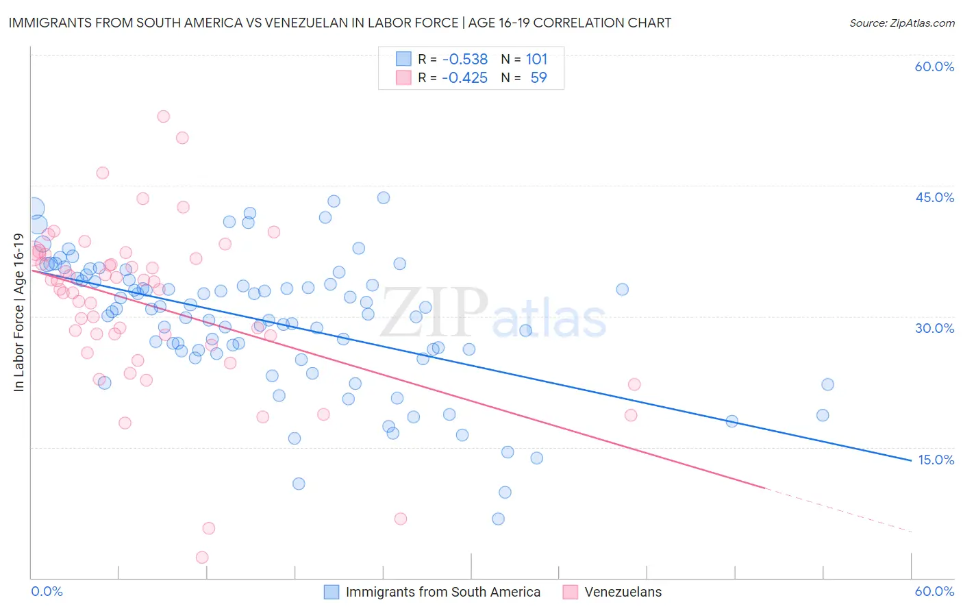 Immigrants from South America vs Venezuelan In Labor Force | Age 16-19