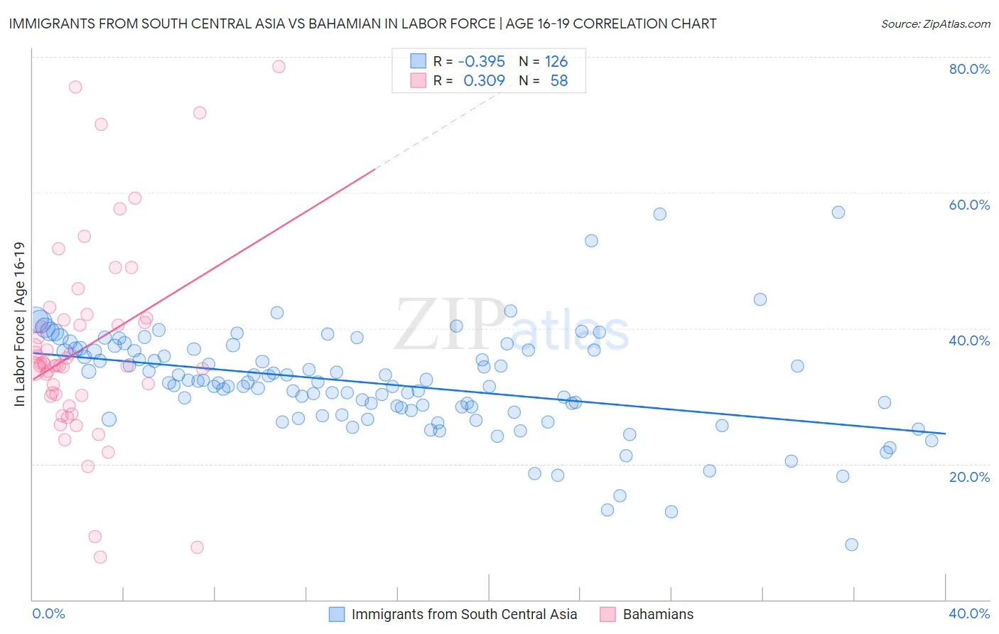 Immigrants from South Central Asia vs Bahamian In Labor Force | Age 16-19