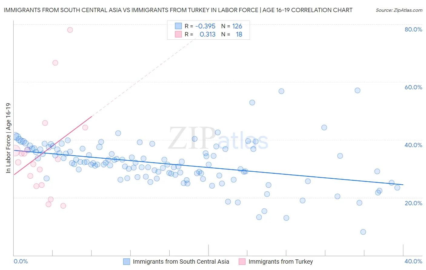 Immigrants from South Central Asia vs Immigrants from Turkey In Labor Force | Age 16-19