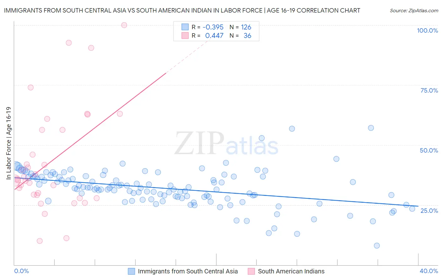 Immigrants from South Central Asia vs South American Indian In Labor Force | Age 16-19