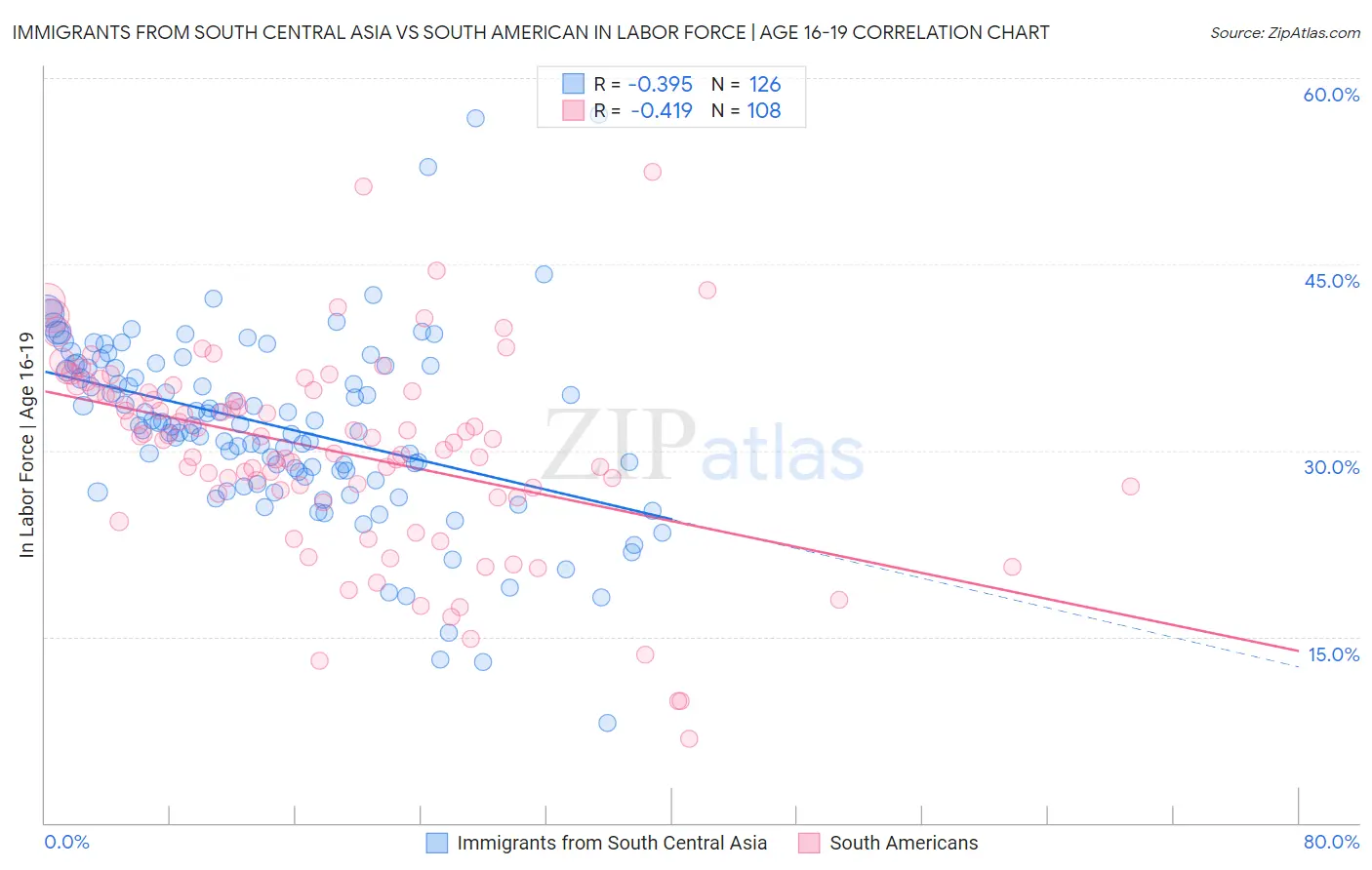 Immigrants from South Central Asia vs South American In Labor Force | Age 16-19