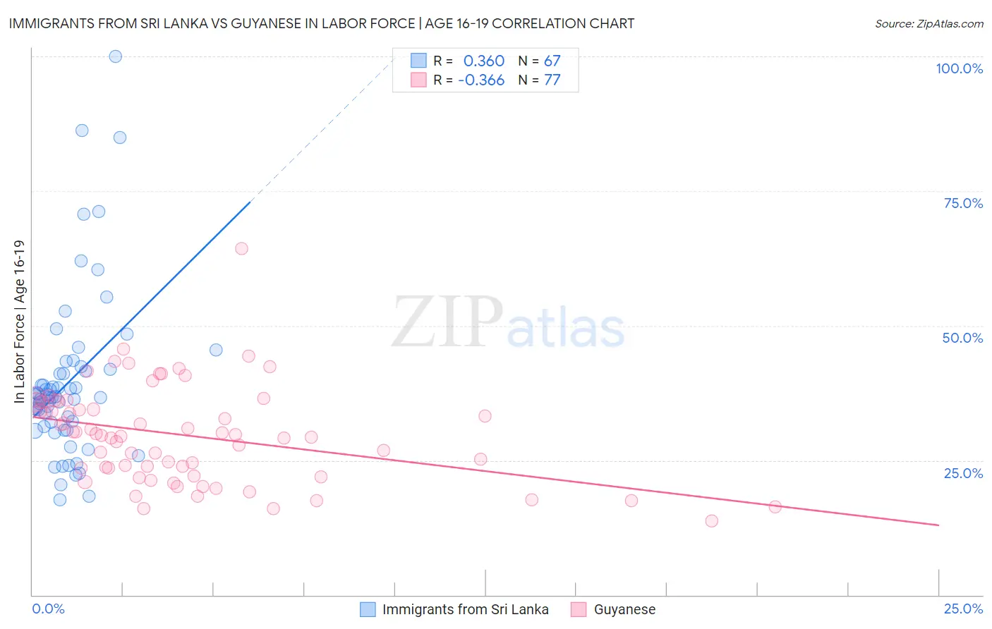 Immigrants from Sri Lanka vs Guyanese In Labor Force | Age 16-19