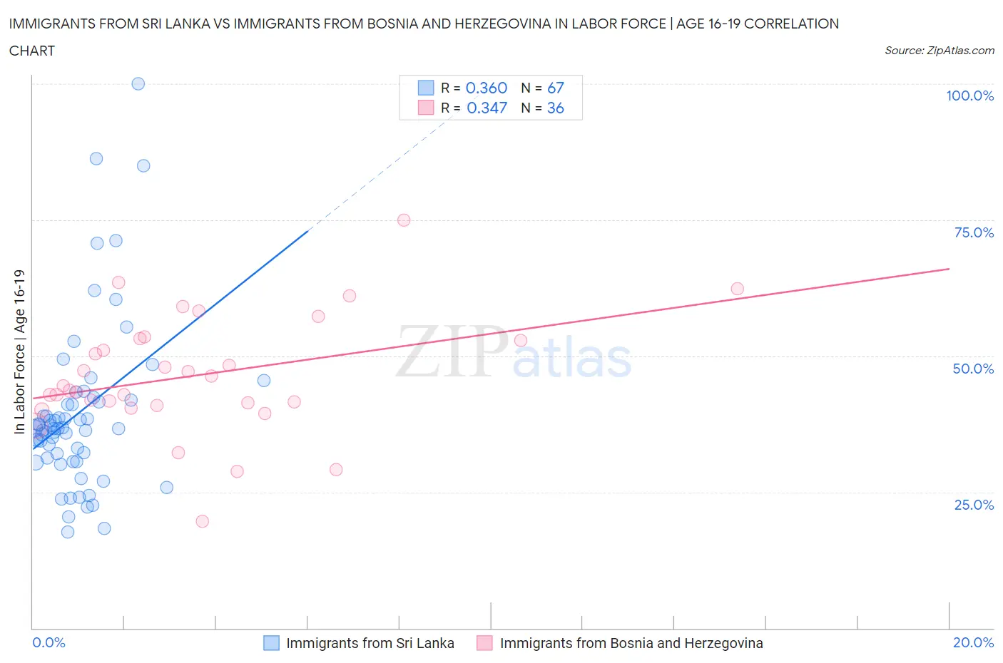 Immigrants from Sri Lanka vs Immigrants from Bosnia and Herzegovina In Labor Force | Age 16-19