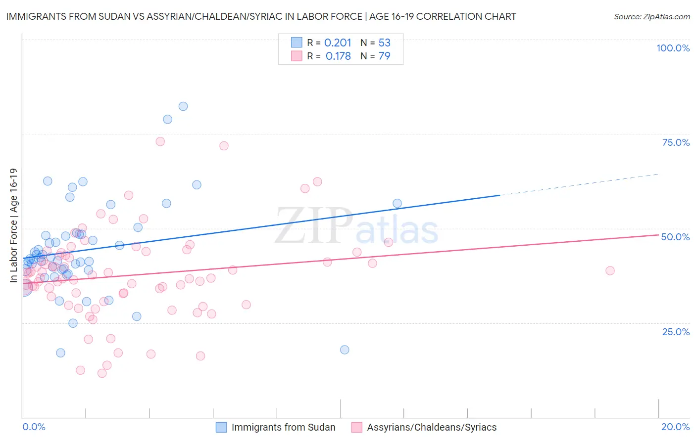 Immigrants from Sudan vs Assyrian/Chaldean/Syriac In Labor Force | Age 16-19