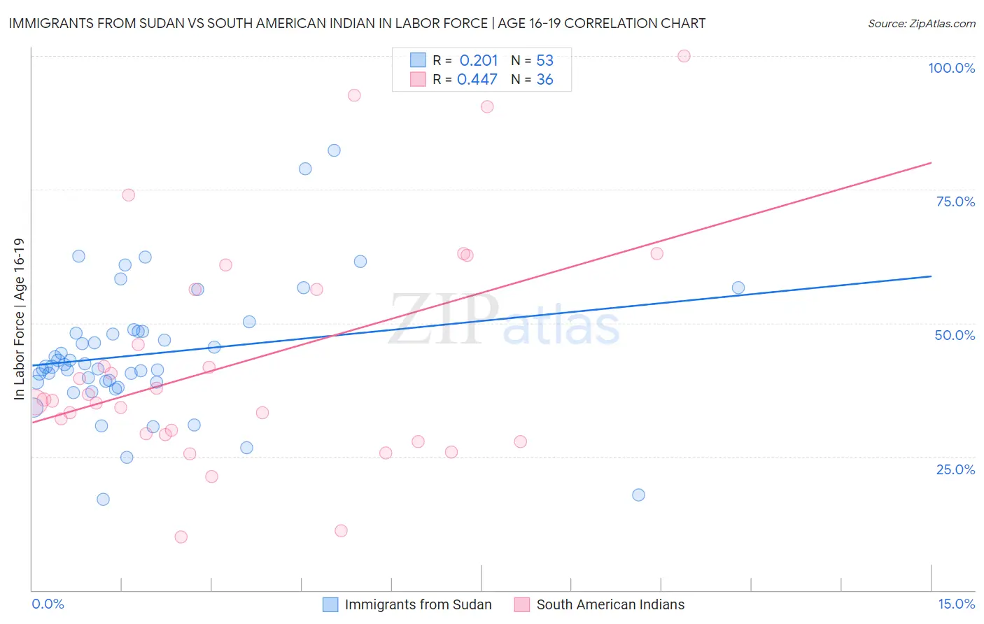 Immigrants from Sudan vs South American Indian In Labor Force | Age 16-19