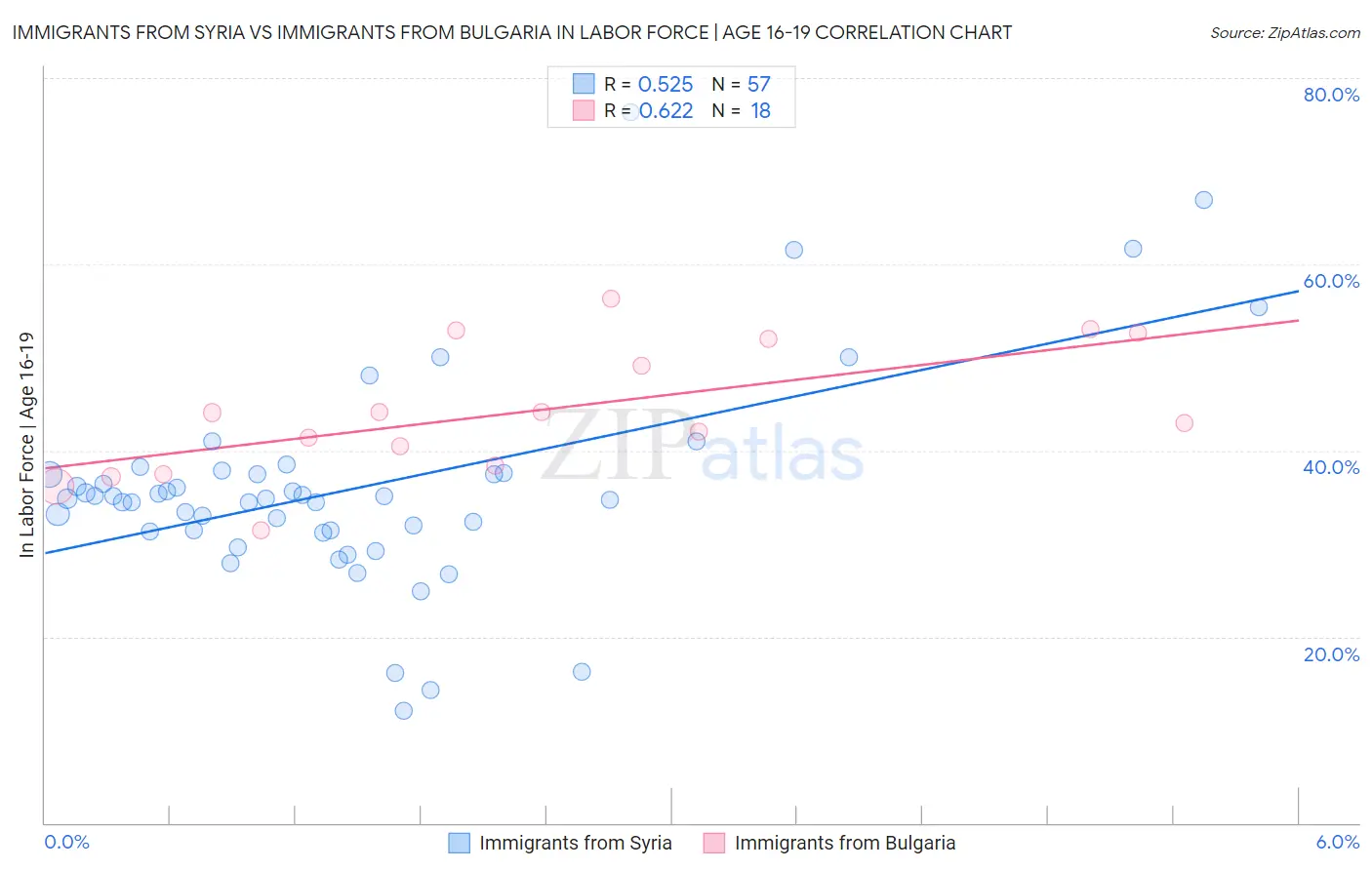 Immigrants from Syria vs Immigrants from Bulgaria In Labor Force | Age 16-19