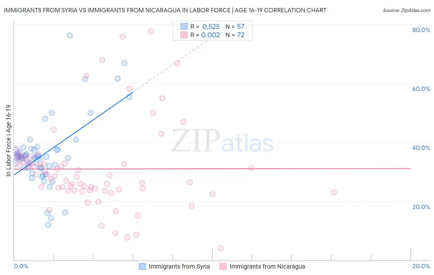 Immigrants from Syria vs Immigrants from Nicaragua In Labor Force | Age 16-19