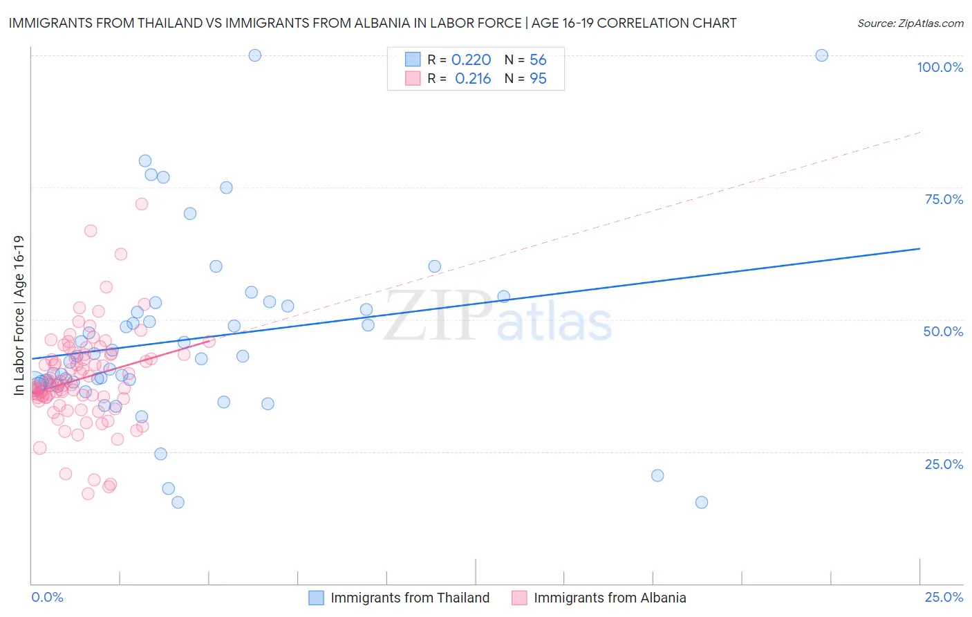 Immigrants from Thailand vs Immigrants from Albania In Labor Force | Age 16-19