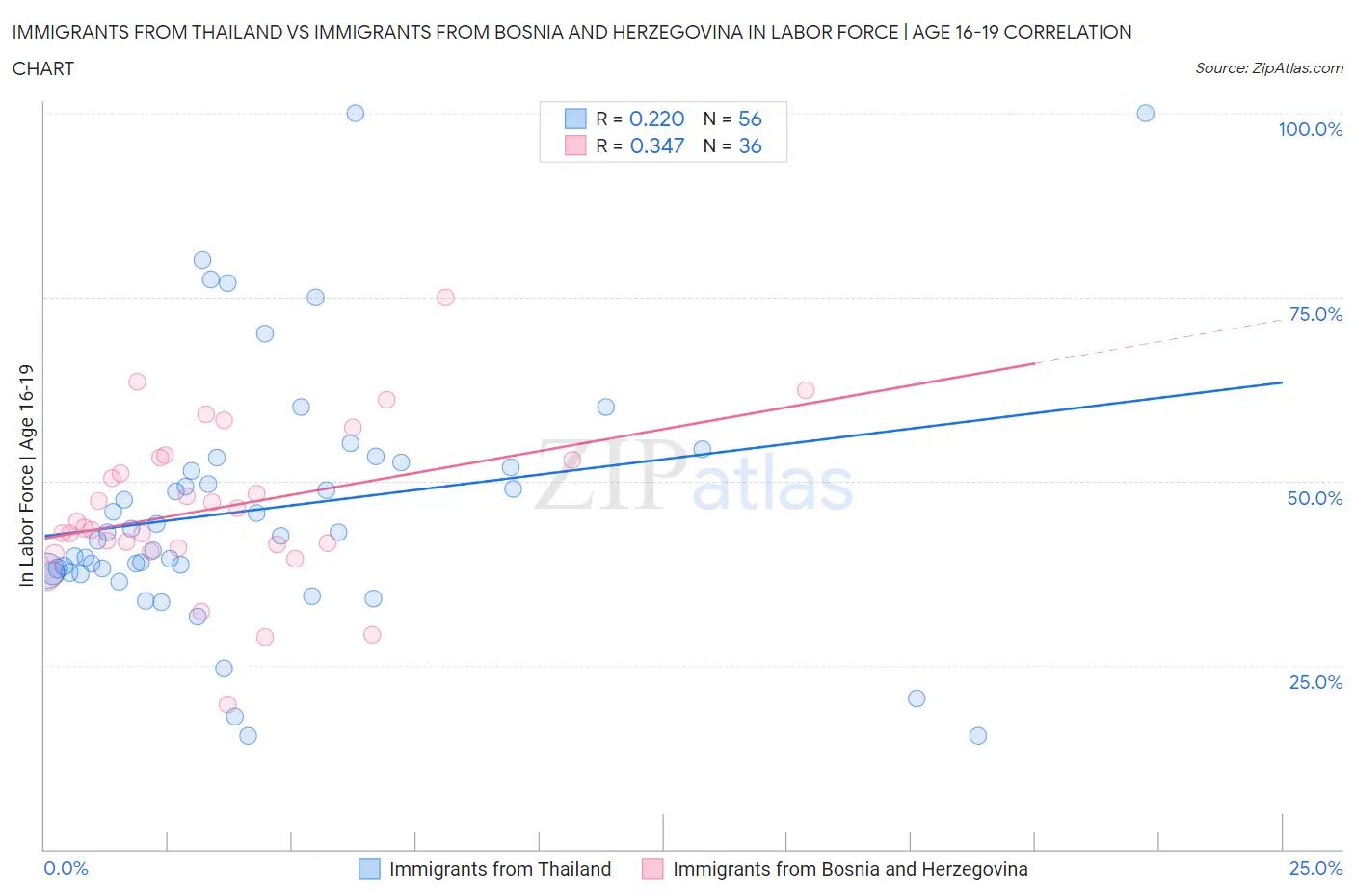 Immigrants from Thailand vs Immigrants from Bosnia and Herzegovina In Labor Force | Age 16-19