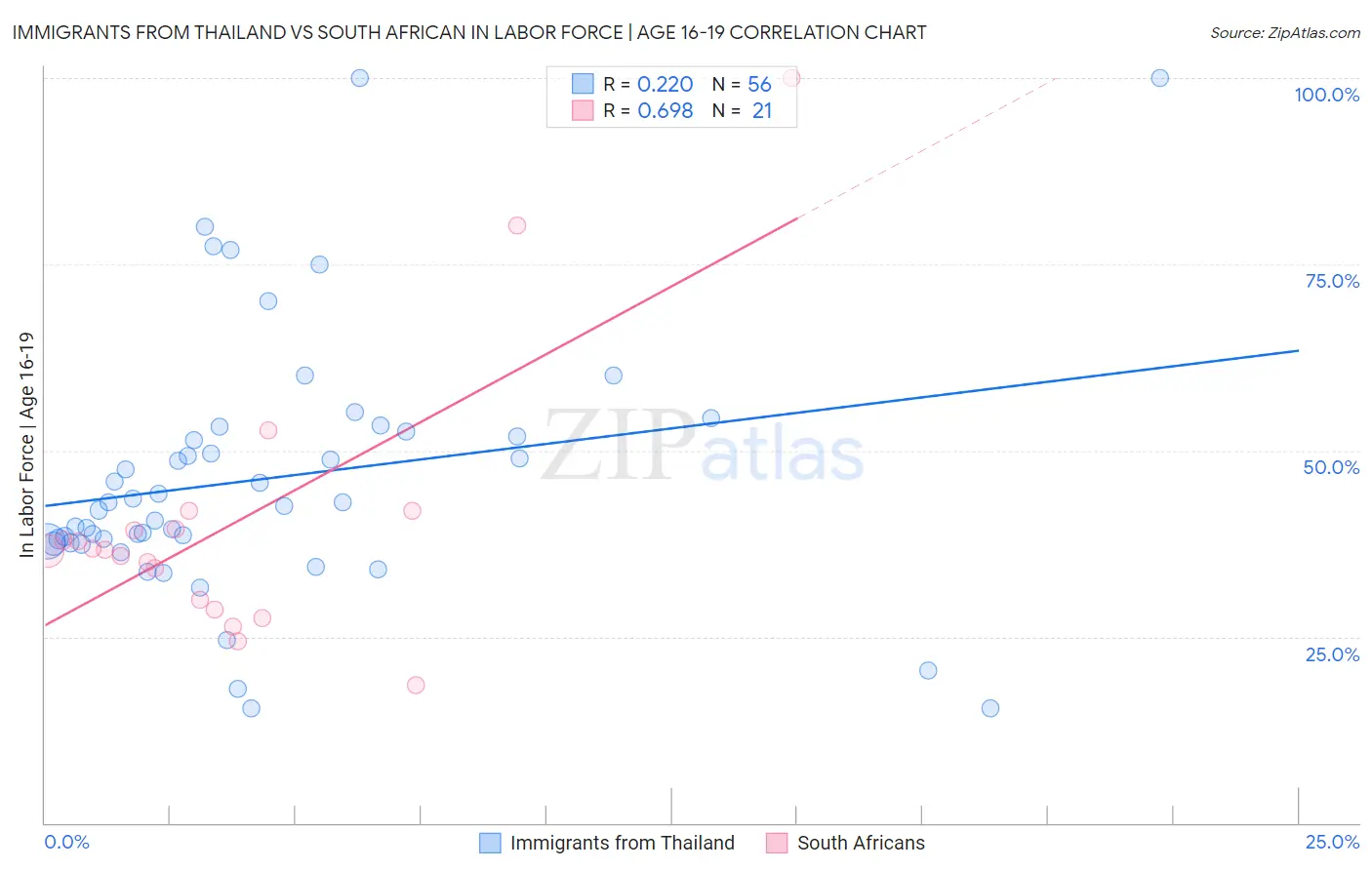 Immigrants from Thailand vs South African In Labor Force | Age 16-19