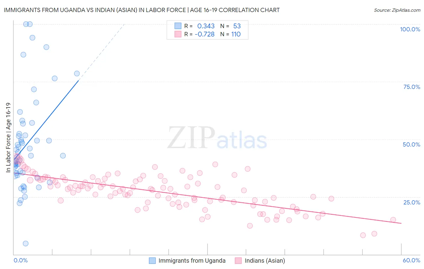 Immigrants from Uganda vs Indian (Asian) In Labor Force | Age 16-19