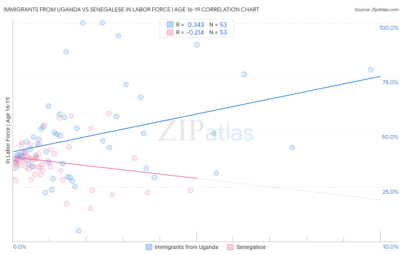 Immigrants from Uganda vs Senegalese In Labor Force | Age 16-19