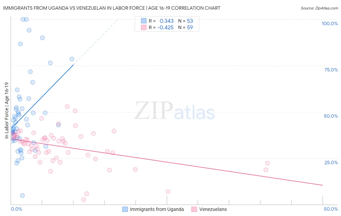 Immigrants from Uganda vs Venezuelan In Labor Force | Age 16-19