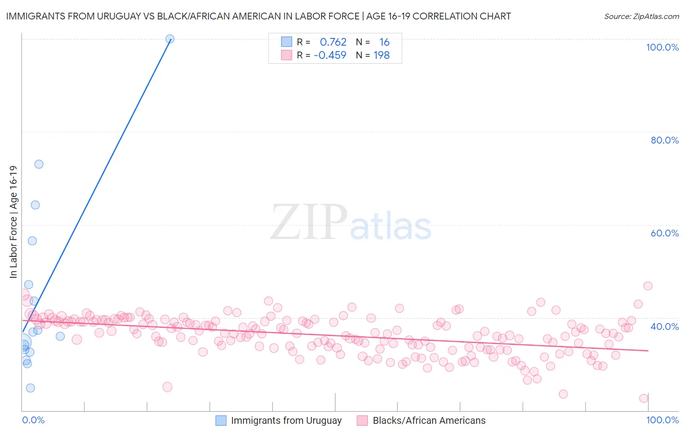 Immigrants from Uruguay vs Black/African American In Labor Force | Age 16-19