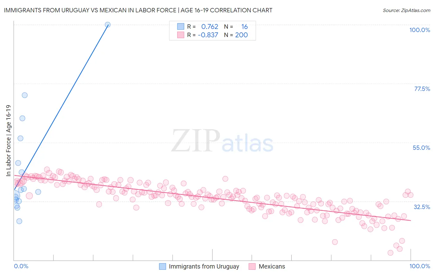 Immigrants from Uruguay vs Mexican In Labor Force | Age 16-19