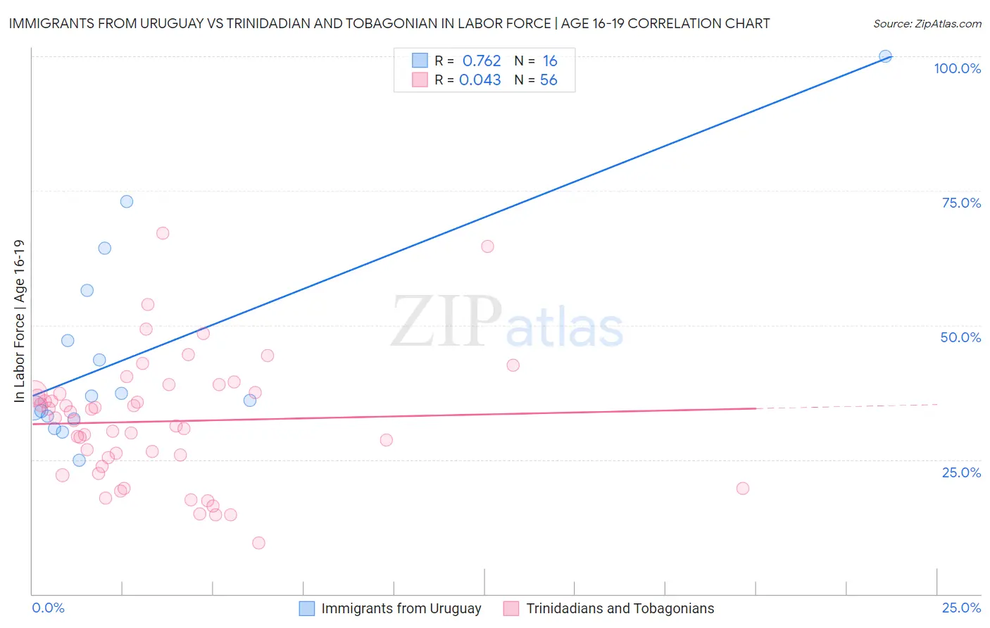 Immigrants from Uruguay vs Trinidadian and Tobagonian In Labor Force | Age 16-19