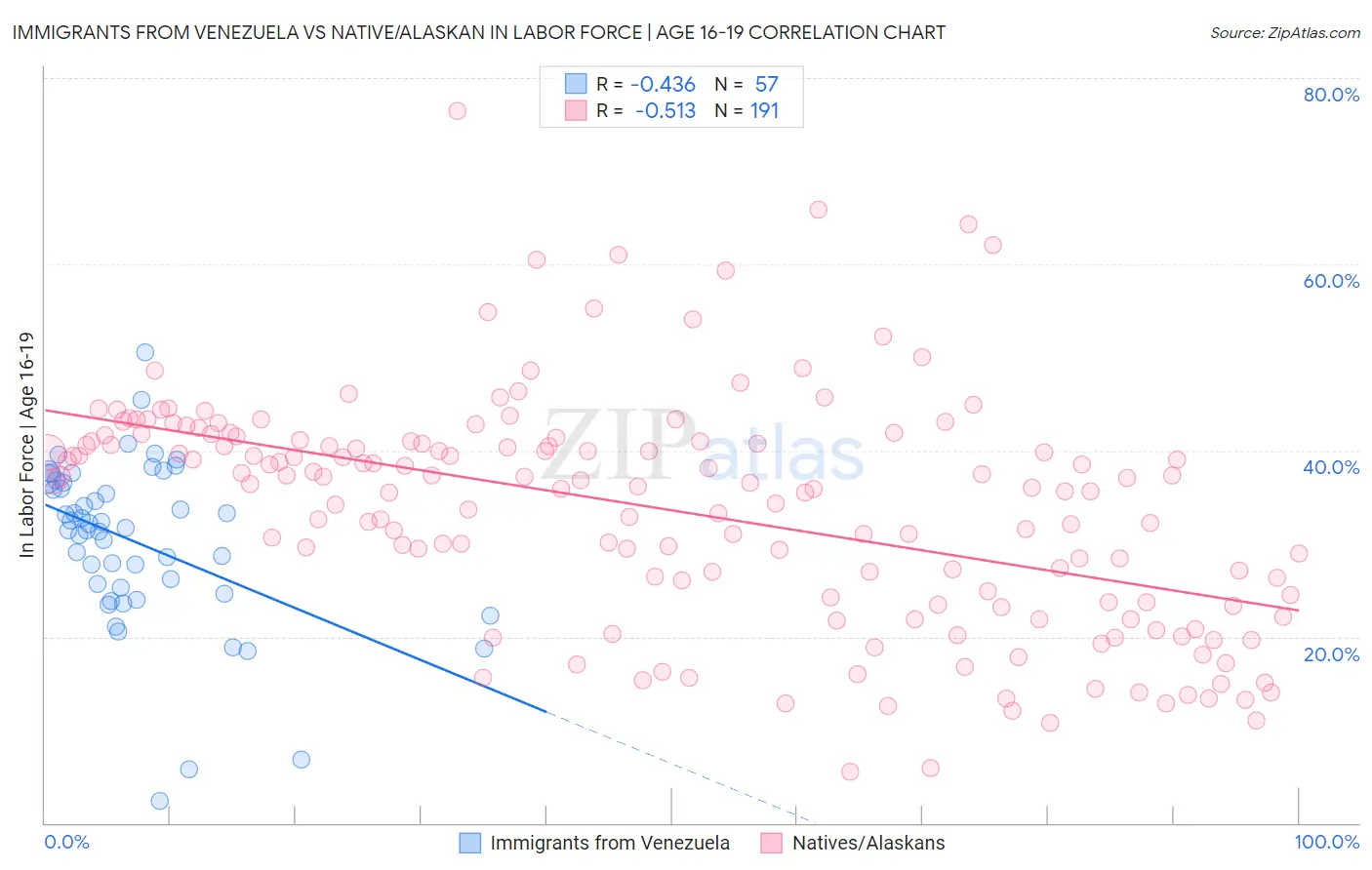 Immigrants from Venezuela vs Native/Alaskan In Labor Force | Age 16-19