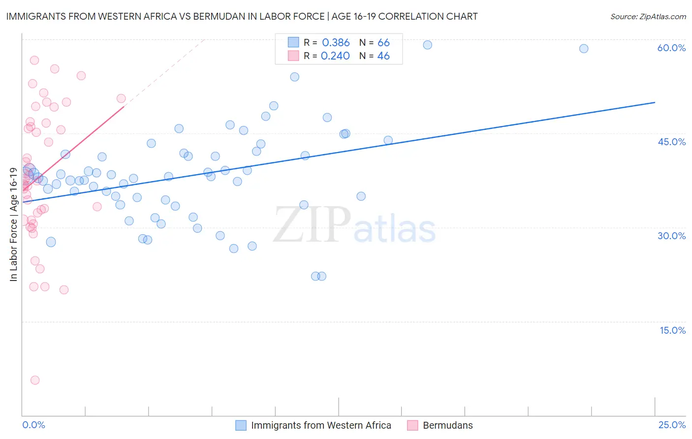 Immigrants from Western Africa vs Bermudan In Labor Force | Age 16-19