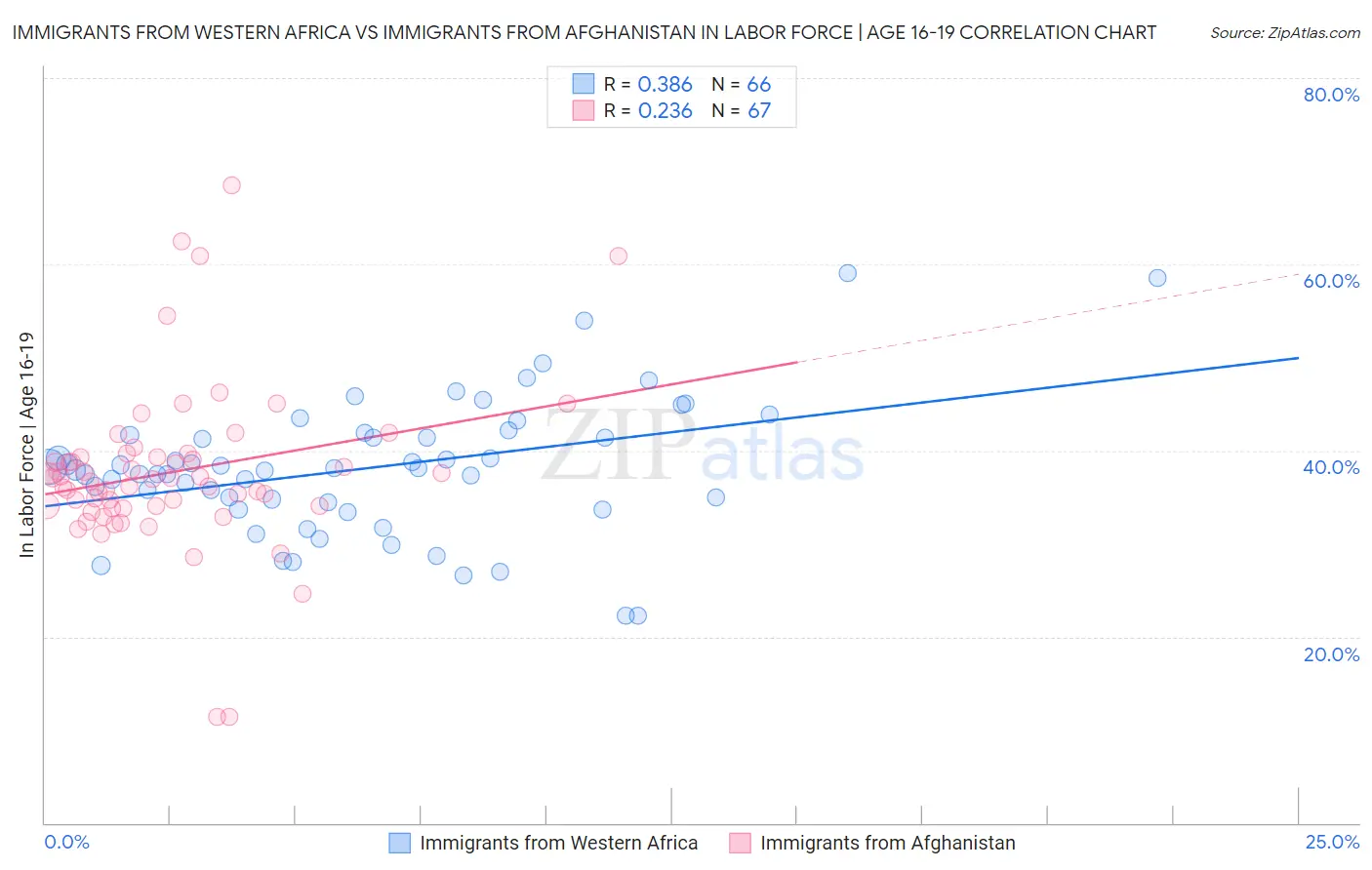 Immigrants from Western Africa vs Immigrants from Afghanistan In Labor Force | Age 16-19