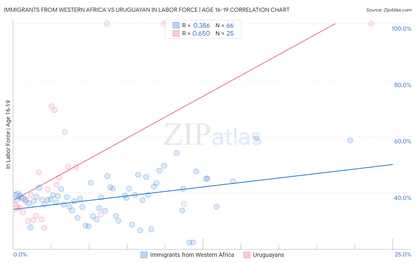 Immigrants from Western Africa vs Uruguayan In Labor Force | Age 16-19