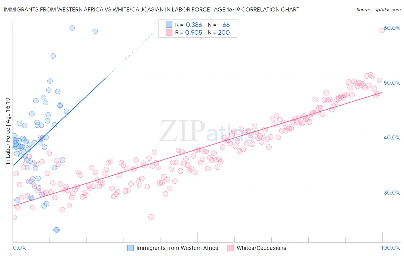 Immigrants from Western Africa vs White/Caucasian In Labor Force | Age 16-19