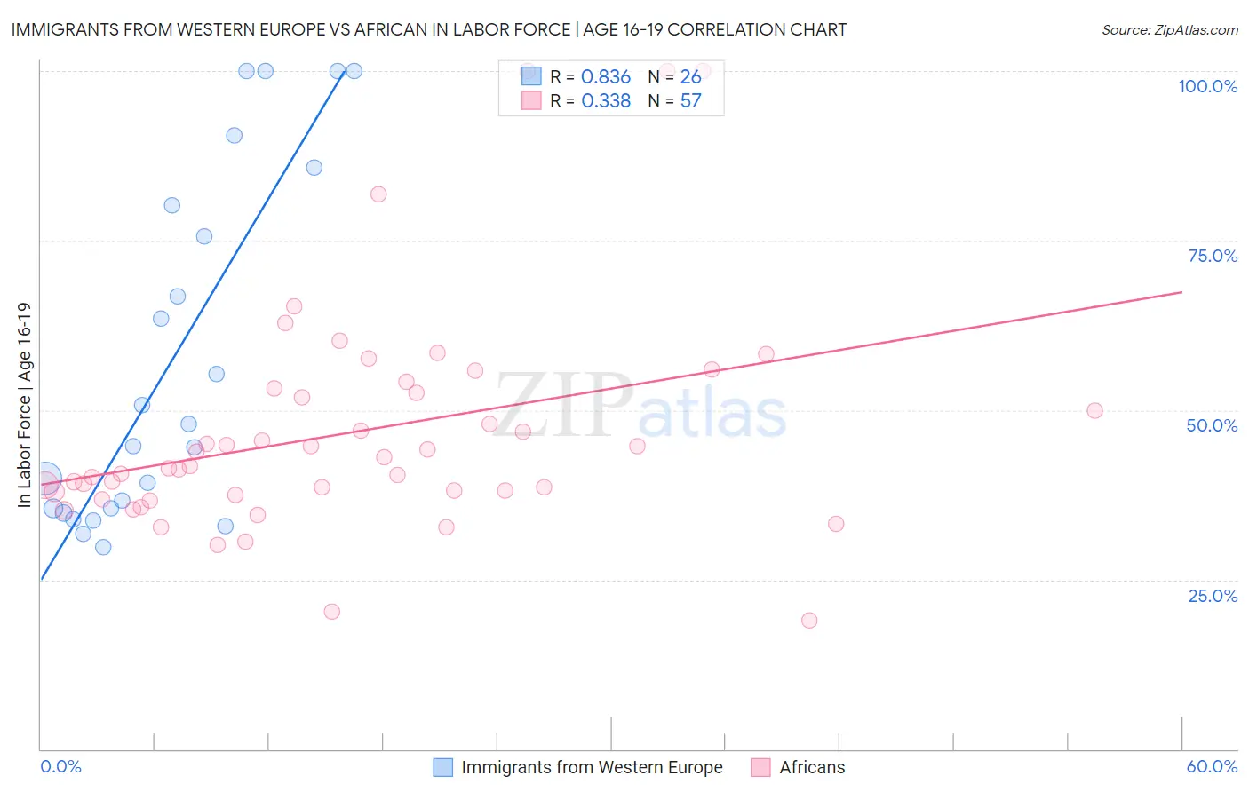 Immigrants from Western Europe vs African In Labor Force | Age 16-19