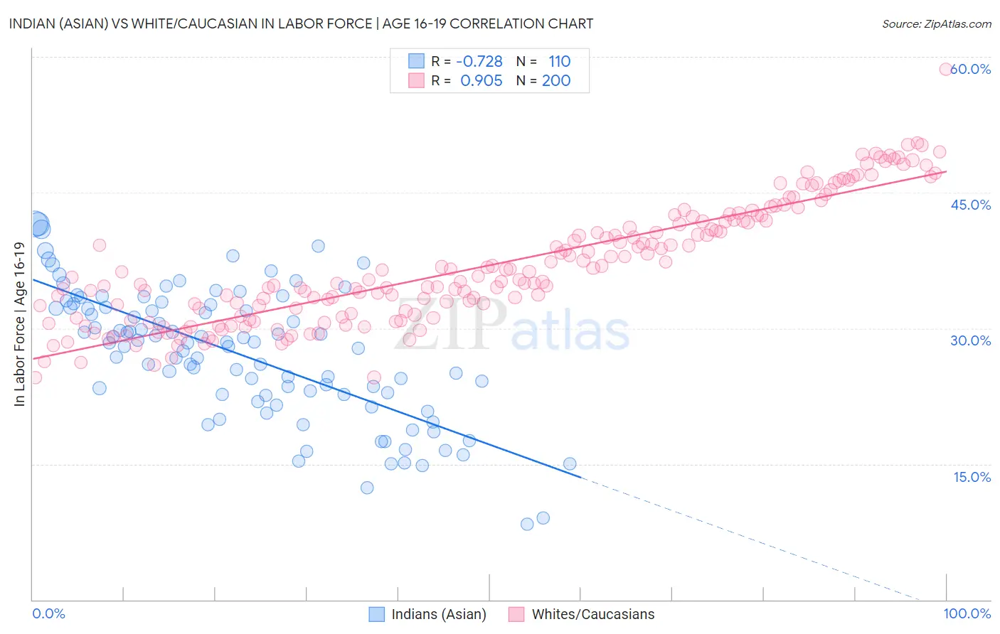 Indian (Asian) vs White/Caucasian In Labor Force | Age 16-19