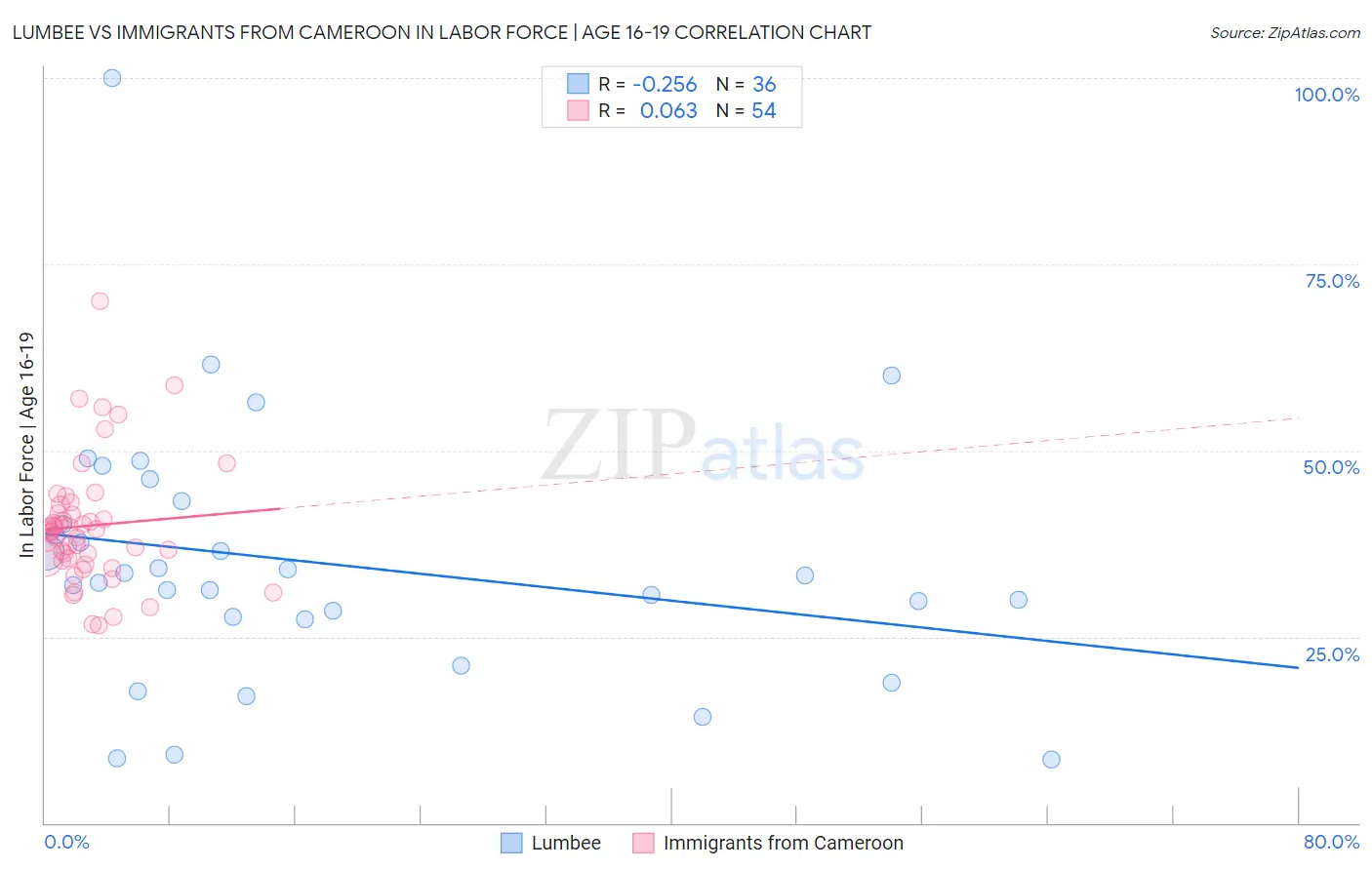 Lumbee vs Immigrants from Cameroon In Labor Force | Age 16-19