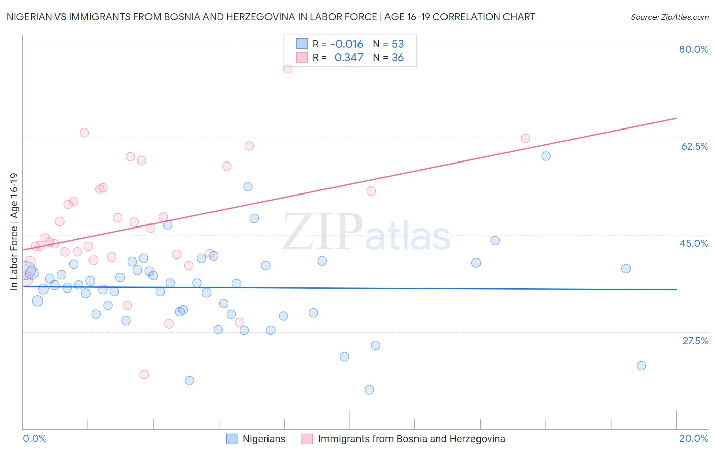Nigerian vs Immigrants from Bosnia and Herzegovina In Labor Force | Age 16-19