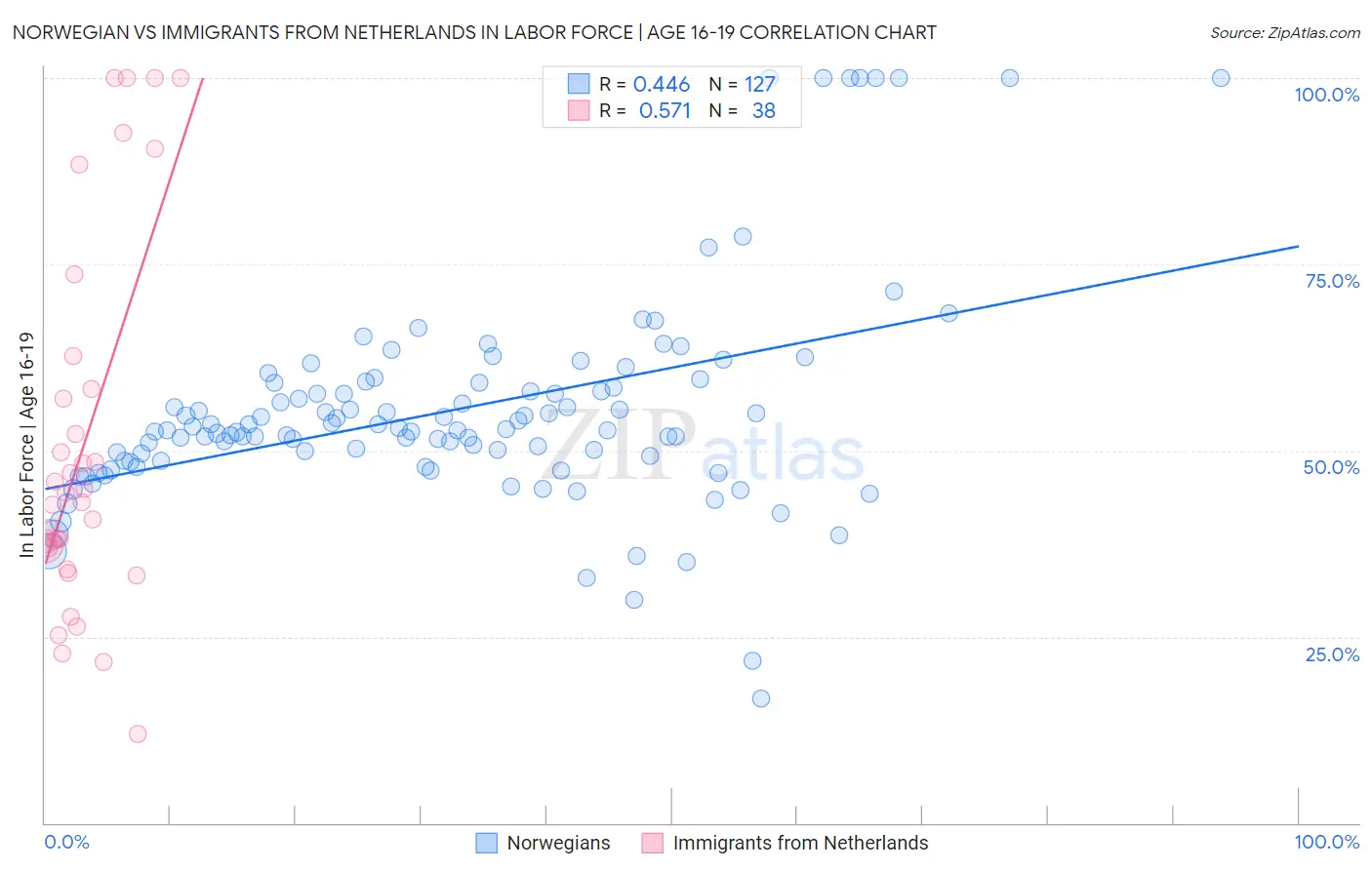 Norwegian vs Immigrants from Netherlands In Labor Force | Age 16-19