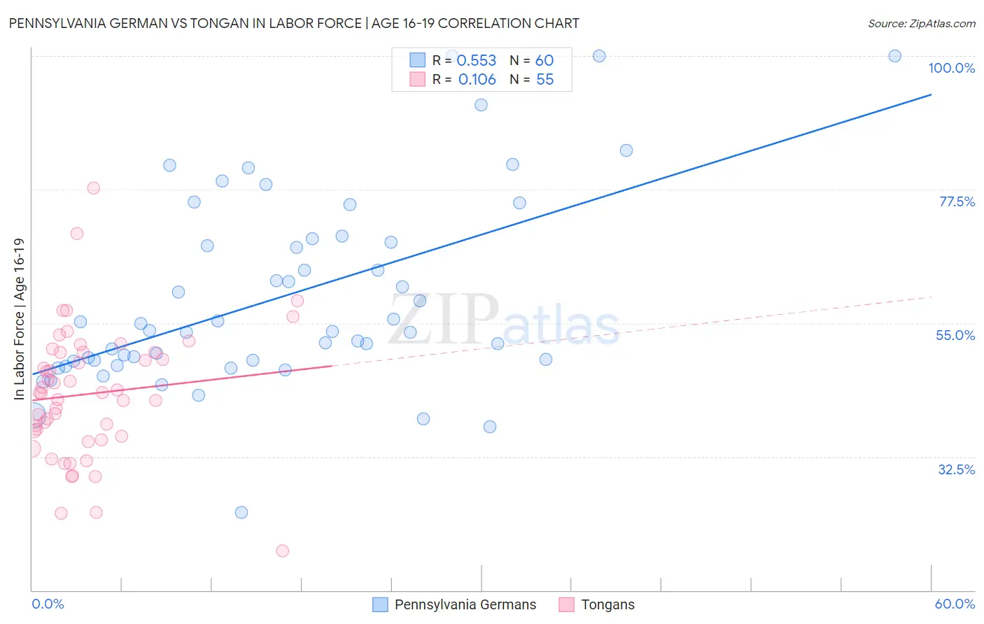 Pennsylvania German vs Tongan In Labor Force | Age 16-19