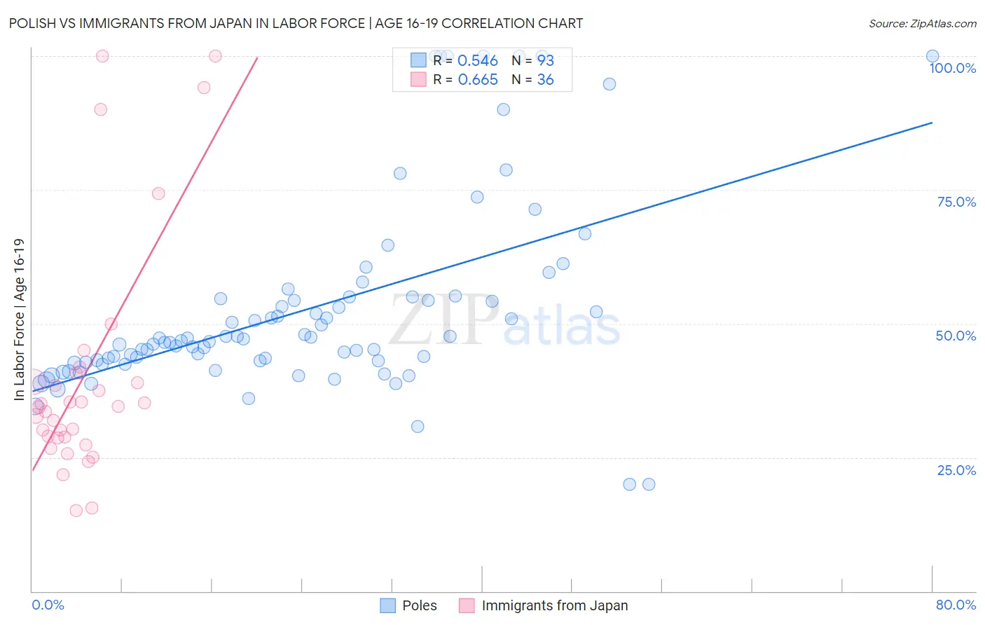 Polish vs Immigrants from Japan In Labor Force | Age 16-19