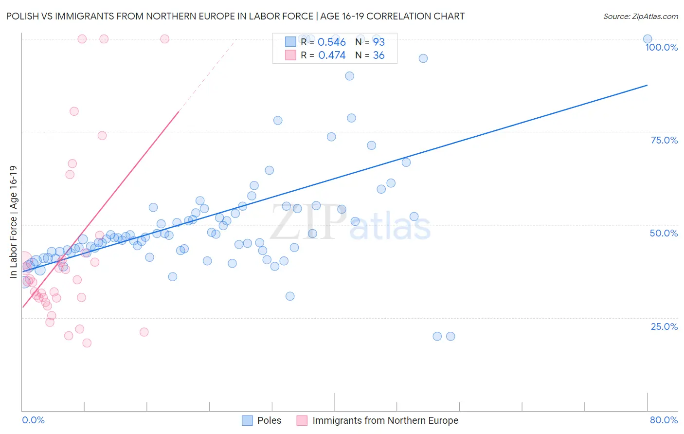 Polish vs Immigrants from Northern Europe In Labor Force | Age 16-19