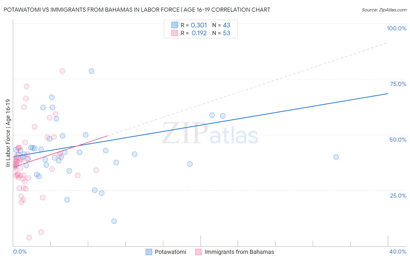 Potawatomi vs Immigrants from Bahamas In Labor Force | Age 16-19