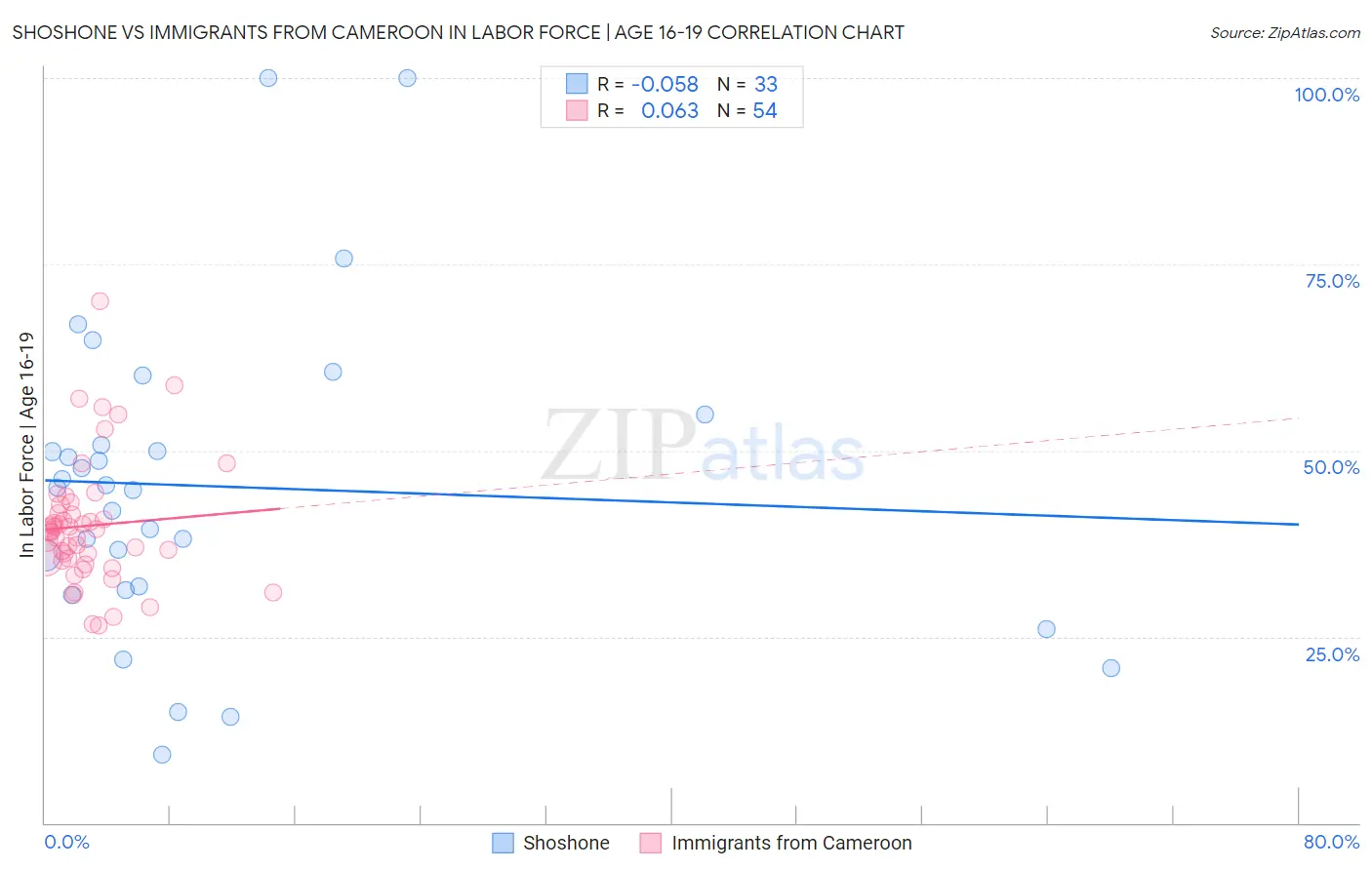 Shoshone vs Immigrants from Cameroon In Labor Force | Age 16-19