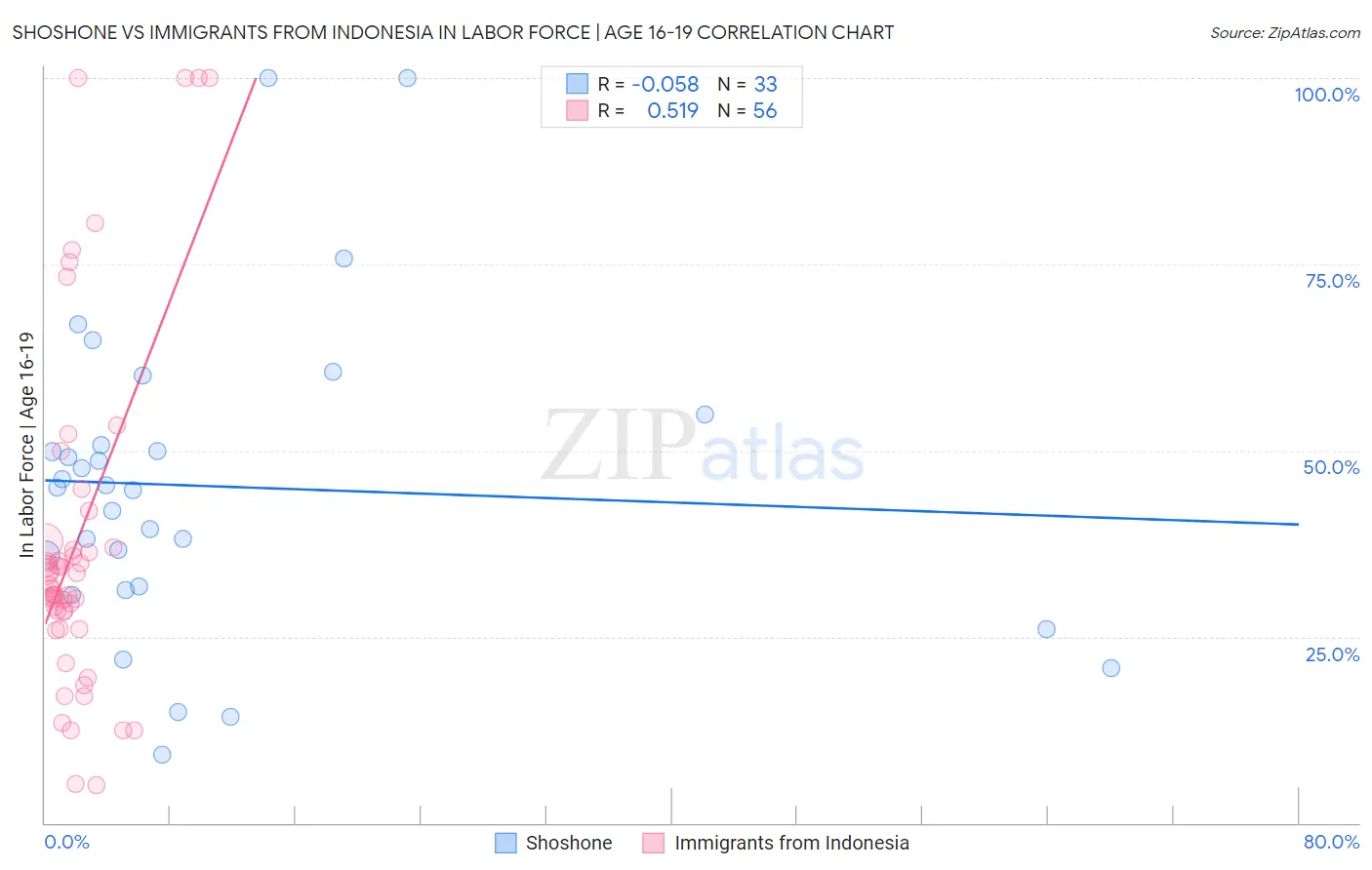 Shoshone vs Immigrants from Indonesia In Labor Force | Age 16-19