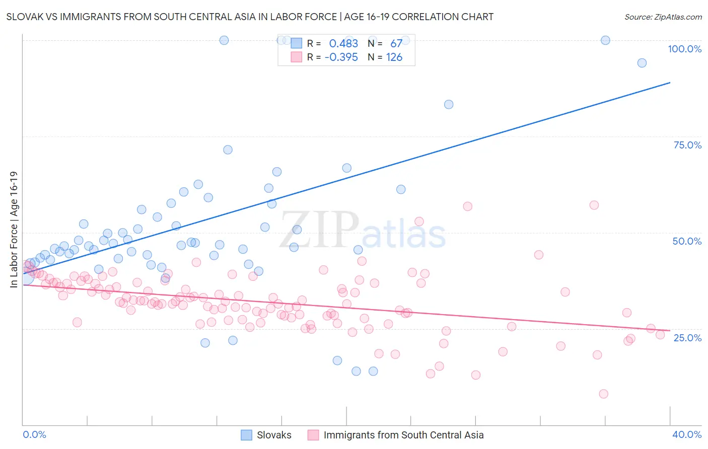Slovak vs Immigrants from South Central Asia In Labor Force | Age 16-19