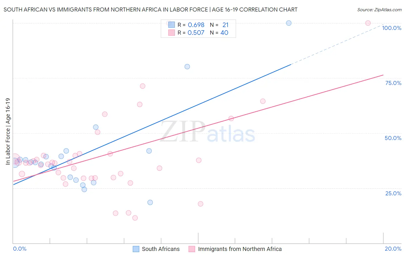 South African vs Immigrants from Northern Africa In Labor Force | Age 16-19