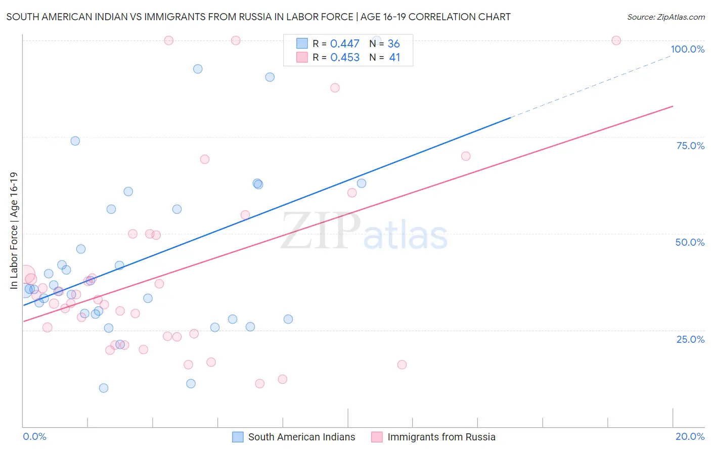 South American Indian vs Immigrants from Russia In Labor Force | Age 16-19