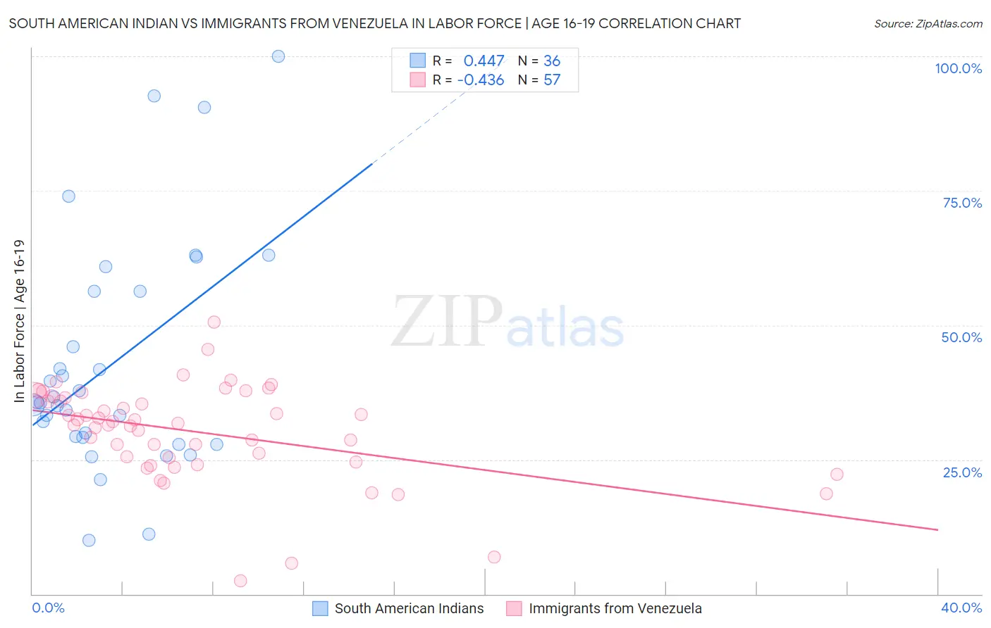 South American Indian vs Immigrants from Venezuela In Labor Force | Age 16-19