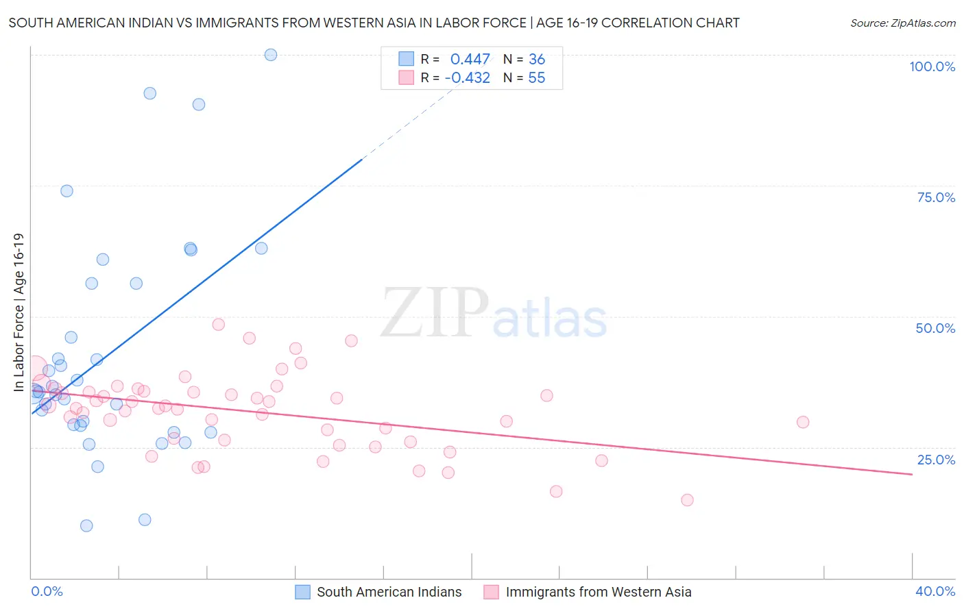 South American Indian vs Immigrants from Western Asia In Labor Force | Age 16-19